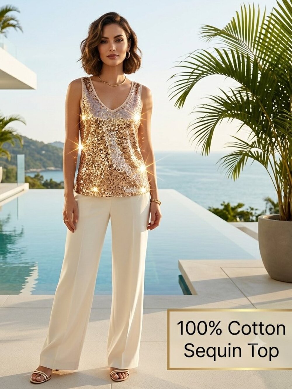 NWT Banana Republic Women PL Sequin Tank Top 100% Cotton Gold/Ivory Luxury Glam